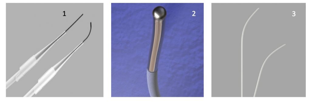 Fig.12 1. Guías hidrofílicas de punta recta y curva. 2 y 3: Guía de cuerpo rígido y punta flexible