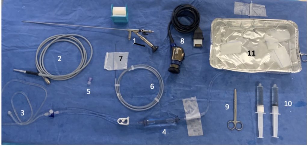 Fig. 21 1. Ureteroscopio semirrígido 2. Cacle de fibra óptica 3. Alargador 4. bajada de suero con bomba manual 5. Conector para canal de trabajo 6. Guía hidrofílica 7. Gasa mojada 8. Cámara 9. Tijeras. 10. Medio de contraste y suero. 11. Riñon con suero para gasas.